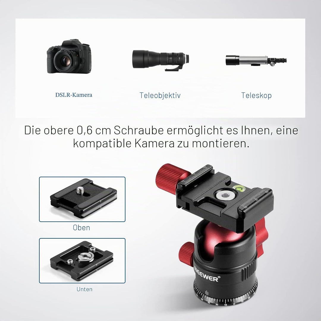 NEEWER Stativkopf, 360° drehbarer Panorama Kugelkopf mit 1/4 Zoll Schnellwechselplatte für Stativ, E