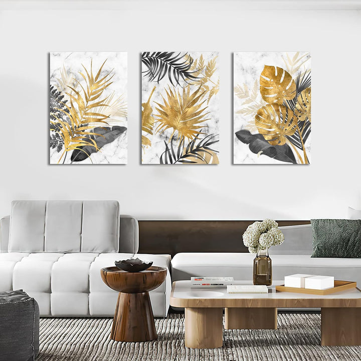 3 Teilig Leinwandbilder Bilder mit Rahmen Abstrakt Grau Gold Blätter bild auf leinwand Wandkunst Mod