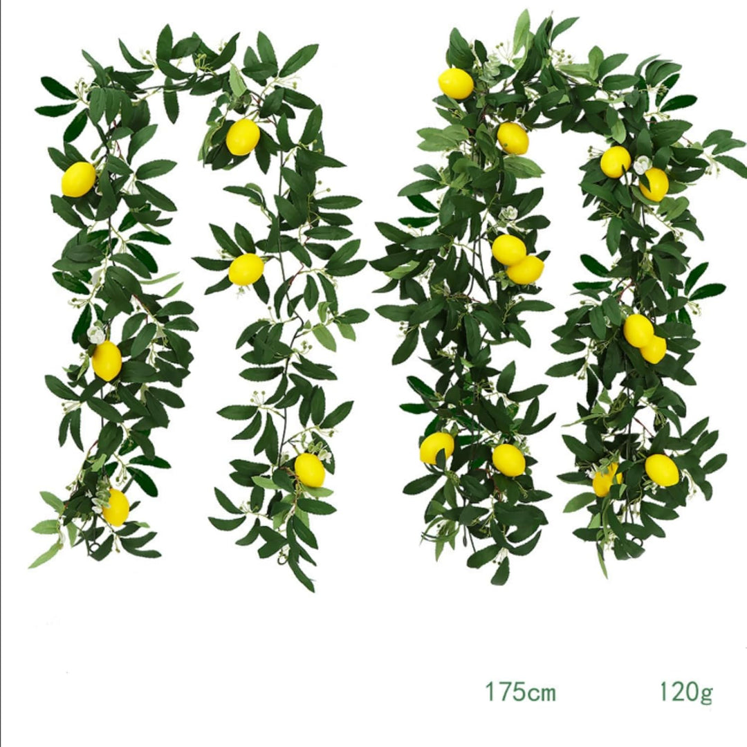 Künstliche Zitronen und Blaubeer-Girlande mit Grünen Blättern - Hängende Früchte-Beeren-Kranz für Ti