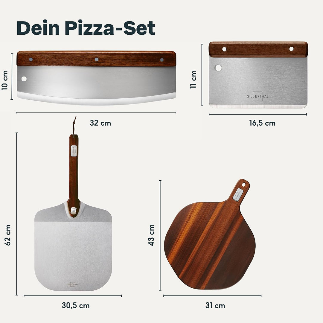 SILBERTHAL Pizza Set Zubehör 4 teilig Set 4er Set | Schieber, Schneider, Servierbrett &amp; Teigkarte, S