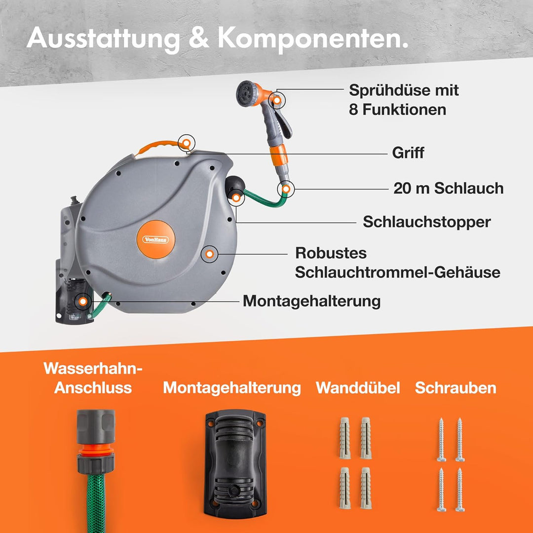 VonHaus Schlauchtrommel - Gartenschlauch Trommel für die Wandmontage mit 180° Schwenkbar & Aufrollau