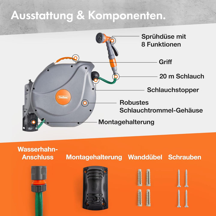 VonHaus Schlauchtrommel - Gartenschlauch Trommel für die Wandmontage mit 180° Schwenkbar & Aufrollau