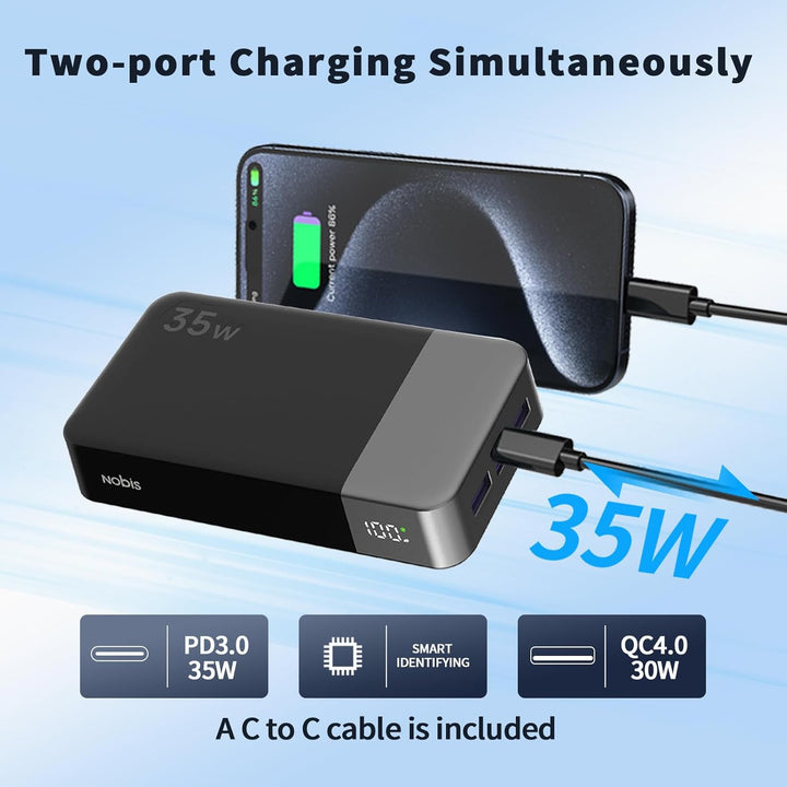 NOBIS Power Bank, Powerbank 20000mAh, 35W Externe Handyakkus Fast Charging, Externer Akku with C to