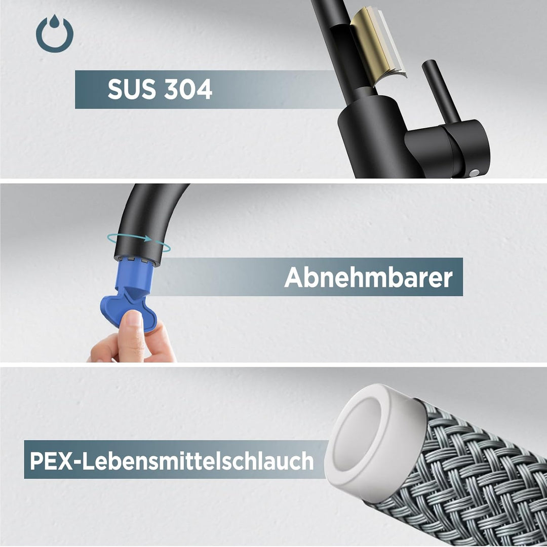 FORIOUS Wasserhahn Küche Schwarz, Küchenarmatur mit 360°Drehbar Armatur Küche Edelstahl, Mischbatter