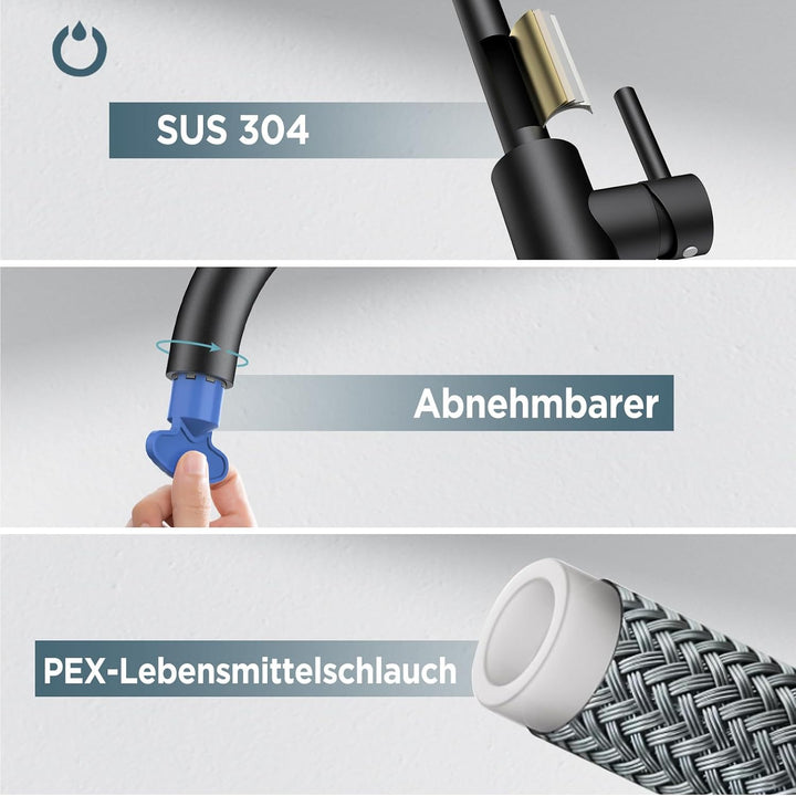FORIOUS Wasserhahn Küche Schwarz, Küchenarmatur mit 360°Drehbar Armatur Küche Edelstahl, Mischbatter