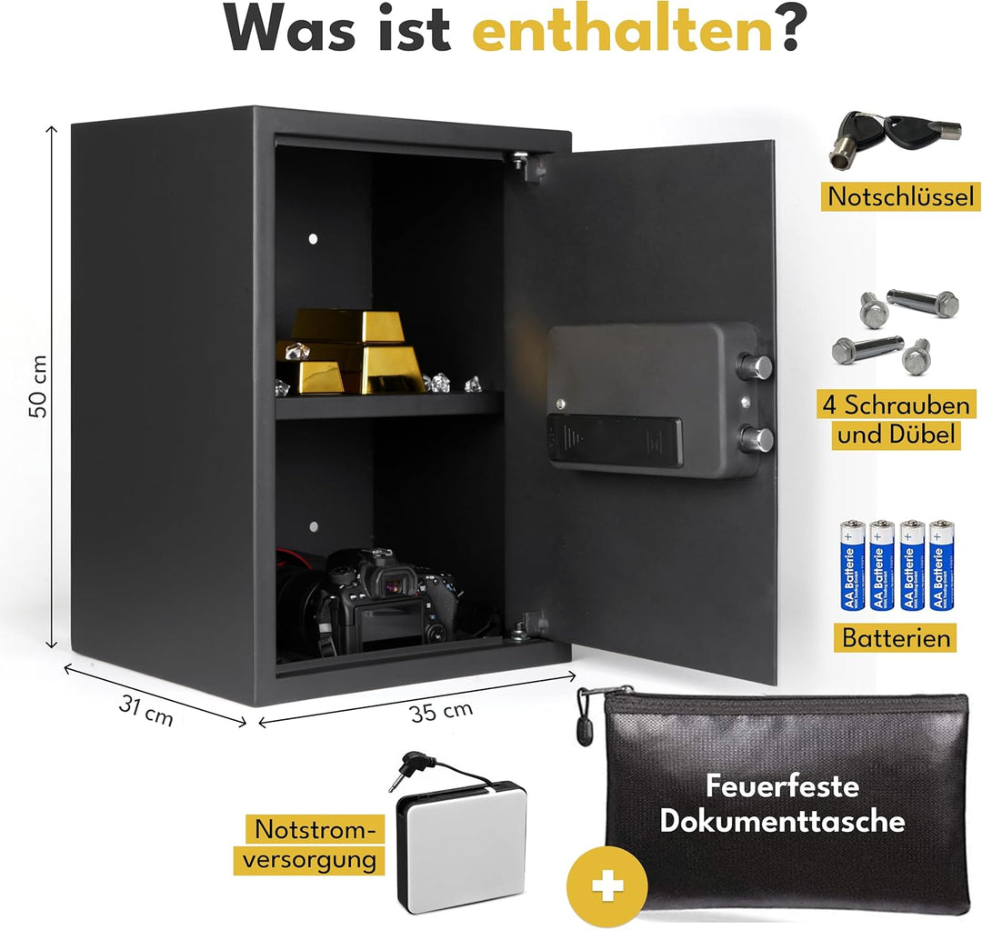 LEBENLANG 43L Safe Tresor für Zuhause - Mit Fingerabdrucksensor & Feuerfester Dokumententasche I Sch