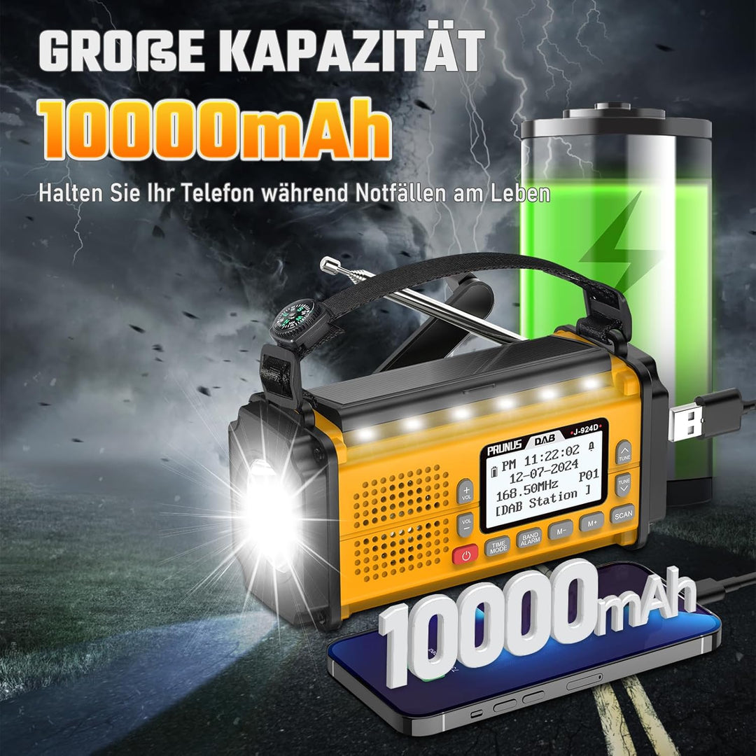 PRUNUS J-924 Digital Radio DAB+/UKW, Kurbelradio Notfall mit 10000mAh Akku, DAB Radio mit Bluetooth,