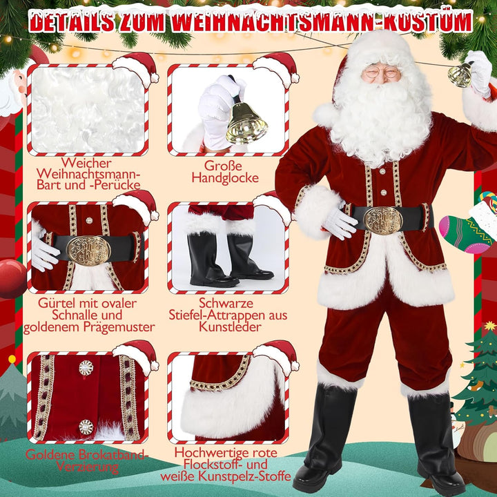 Weihnachtsmann Kostüm für Männer Deluxe professioneller Santa-Anzug für Erwachsene 11 teilig Rotes H