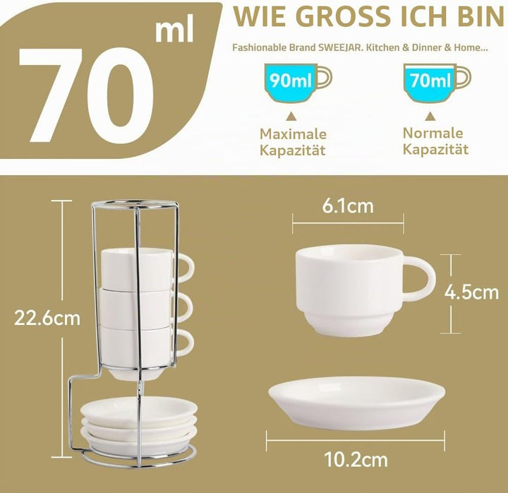 Sweejar Home Porzellan Espressotassen mit Untertassen, 70 ml stapelbare Cappuccinotassen mit Metalls