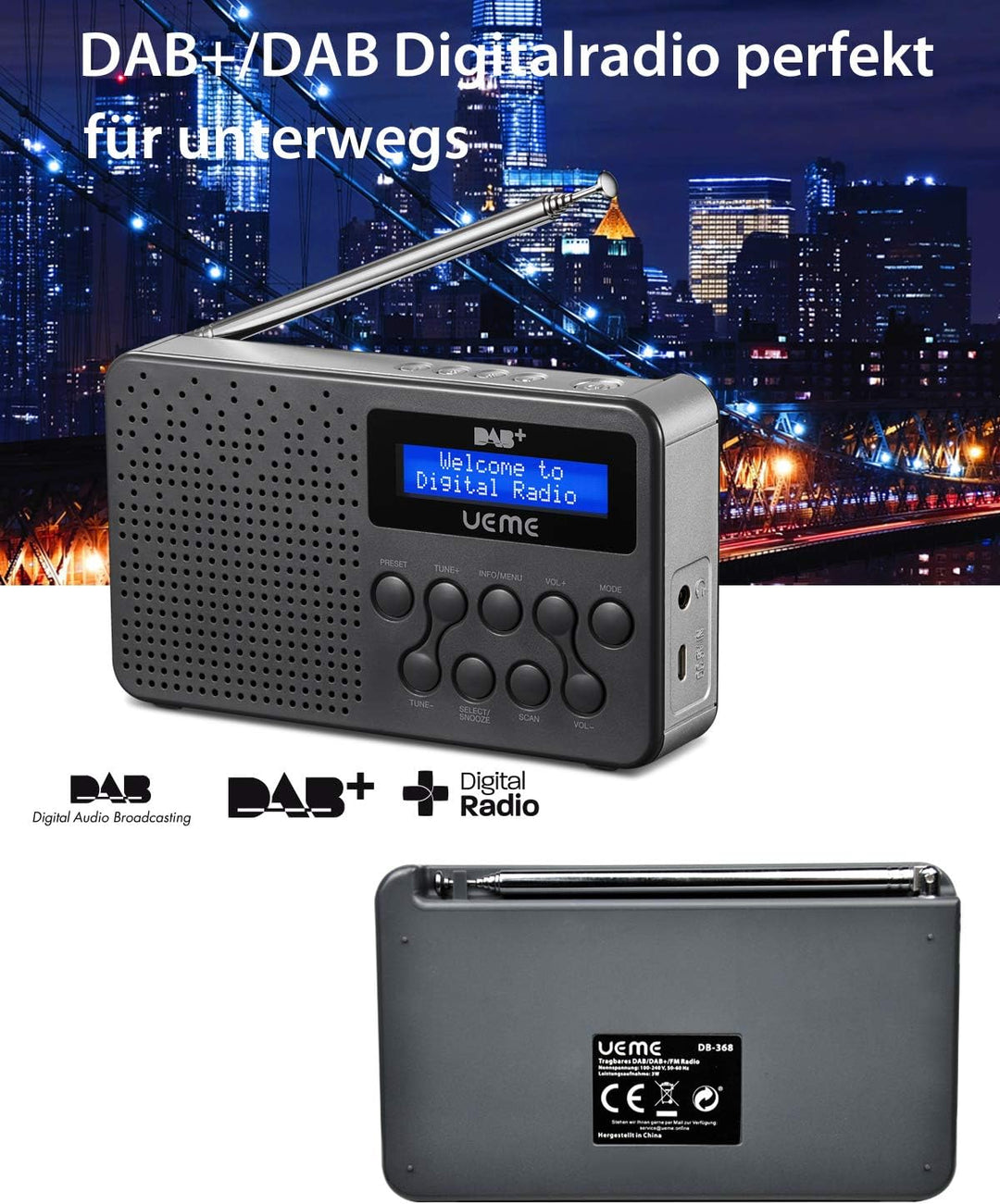 UEME Tragbares DAB+ DAB FM-Radio mit 3W Lautsprecher mit verbessertem Bass, Integriertem 2600mAh Lit
