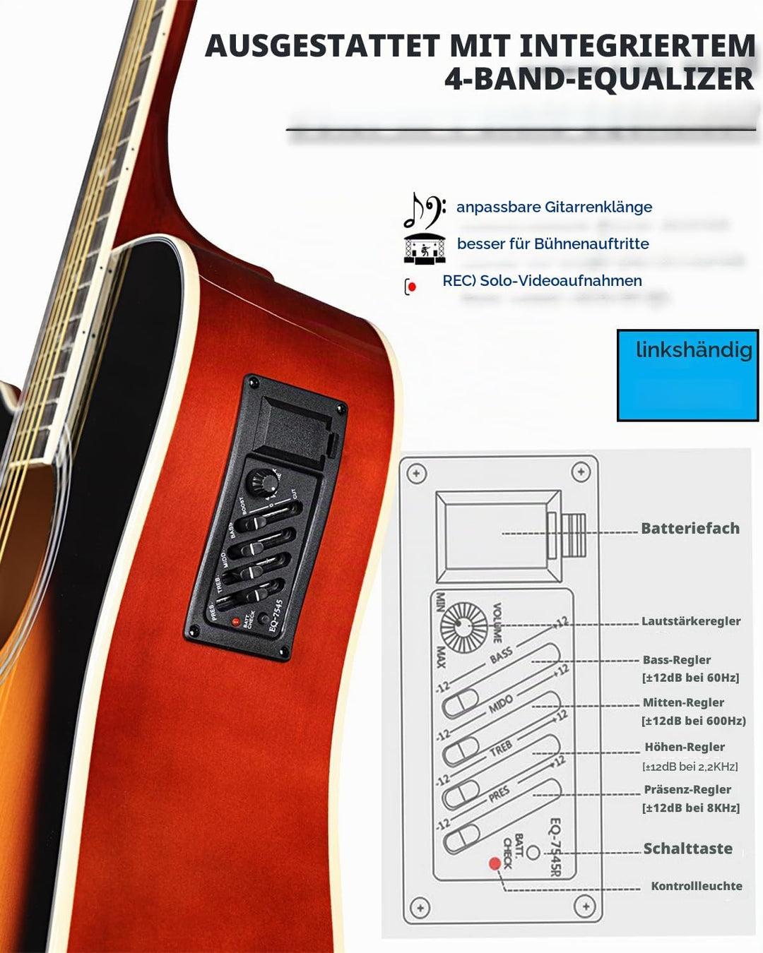 Winzz 4/4 Elektro-Akustische Gitarre, Linkshänder Westerngitarre Set Erwachsene Anfänger, Akustikgit