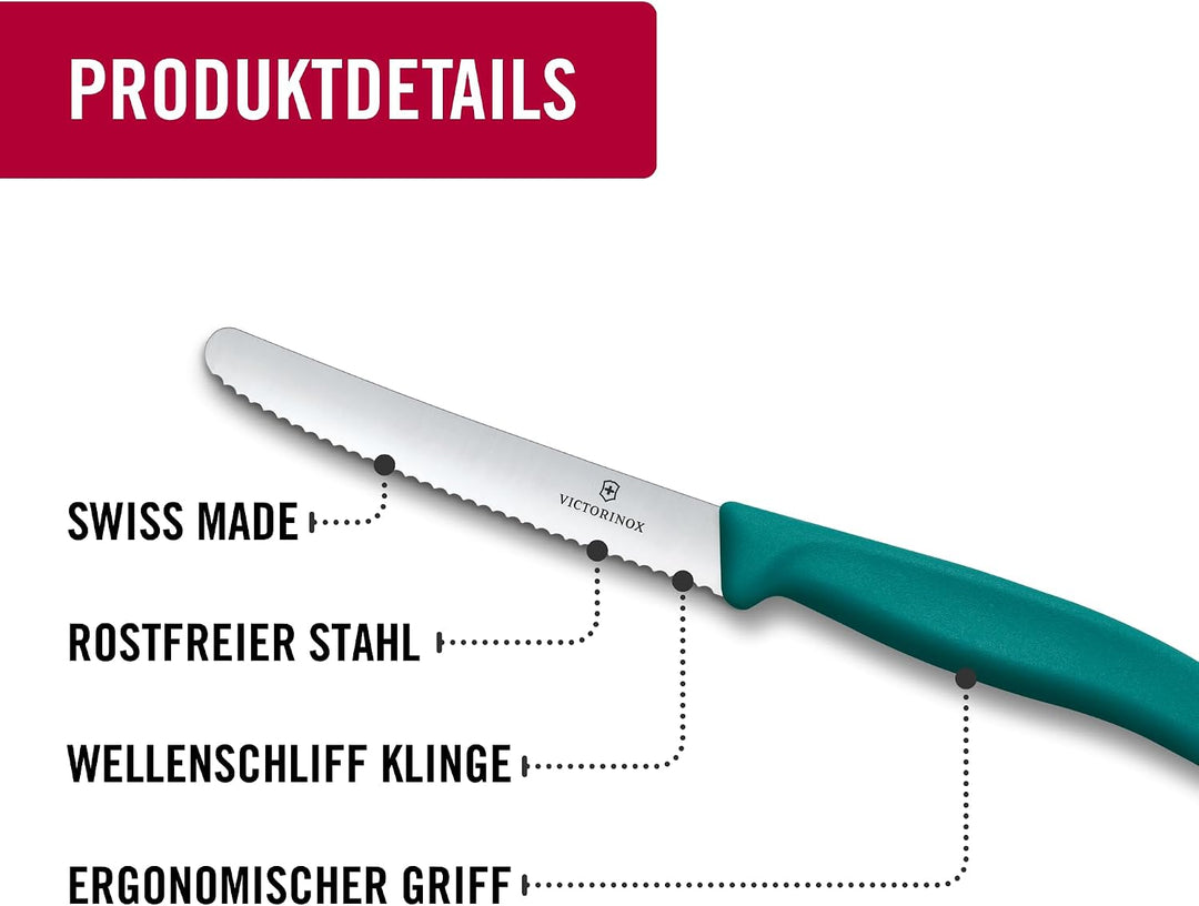 Victorinox Swiss Classic, Frühstücksmesser, Brötchenmesser Set 6teilig, Scharfe Klinge, Wellenschlif