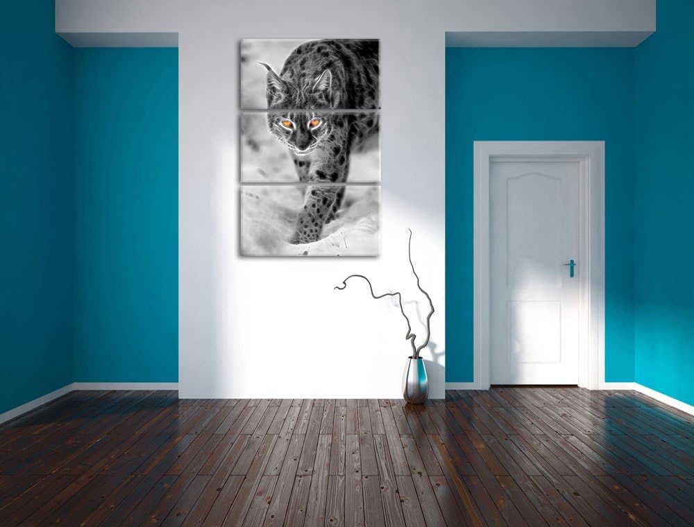 wachsamer Luchs im Schnee schwarz/weiss Deluxe 3-Teiler Leinwandbild 120x80 Bild auf Leinwand, XXL r