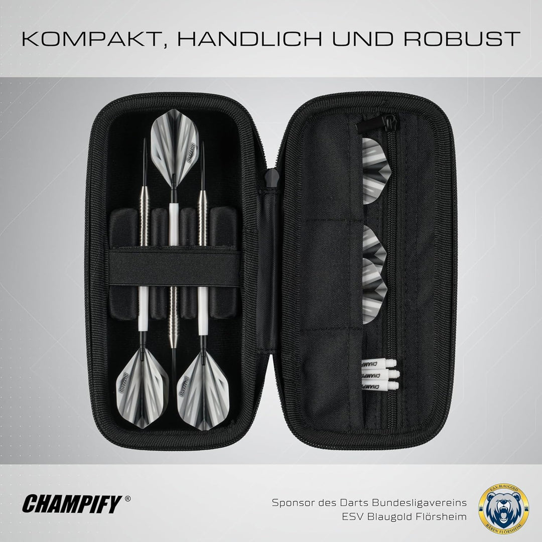 Champify® Darttasche schwarz mit Haltesystem gegen Verrutschen der Dartpfeile | Hard-Case zum Schutz
