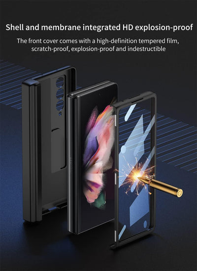 COQUE Hülle Galaxy Z Fold 3 Lederhülle, Shell-Membran Integriertes Scharnier-Handyhülle mit versteck