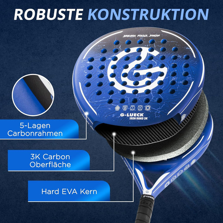 Padel Schläger Iron Hand – 3K Carbon Oberfläche & Stabiler Carbon Rahmen – Runder Padelracket für An