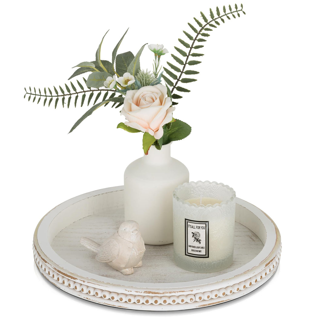 Romadedi Holztablett Rund Deko Tablett：Vintage Weiss Shabby Holz Serviertablett Kerzentablett Dekota