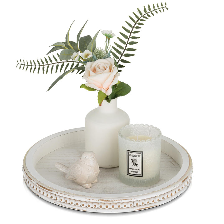 Romadedi Holztablett Rund Deko Tablett：Vintage Weiss Shabby Holz Serviertablett Kerzentablett Dekota