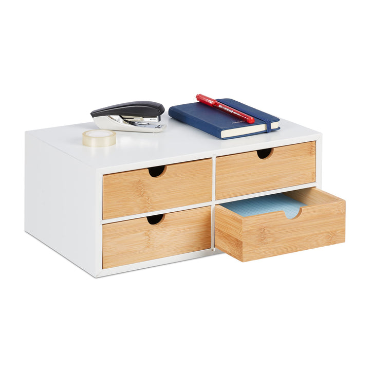 Relaxdays Schreibtisch Organizer, 4 Schubladen, für Büroutensilien, HxBxT: 14 x 33 x 21 cm, Bambus &amp;