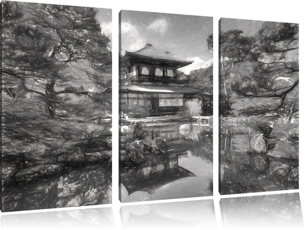 Pixxprint Ginkaku-ji-Tempel in Kyoto Kunst / 3-Teilig/Gesamtmass 120cm Leinwandbild bespannt auf Hol