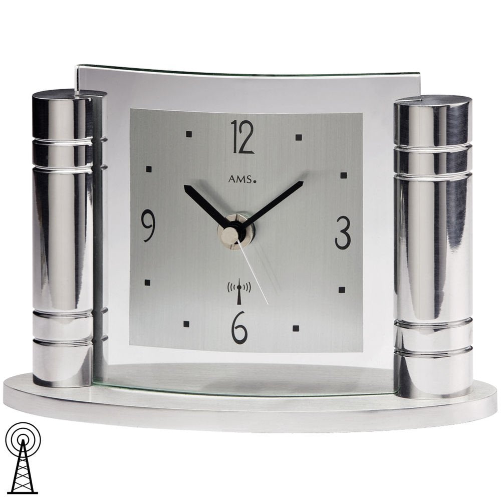 AMS Tischuhr 5130 Funk, silberfarbenes Metallgehäuse, Aluminium-Zifferblatt
