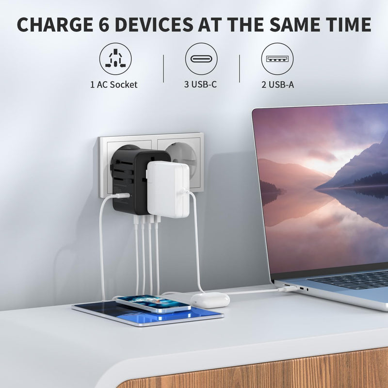 EPICKA Reiseadapter Weltweit, GaN Universal Reisestecker 70W PD Schnellladegerät, Travel Adapter mit