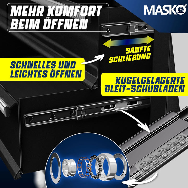 MASKO® Werkstattwagen - 7 Schubladen, schwarz | Abschliessbar | Massives Metall | Mobiler Werkzeug-W