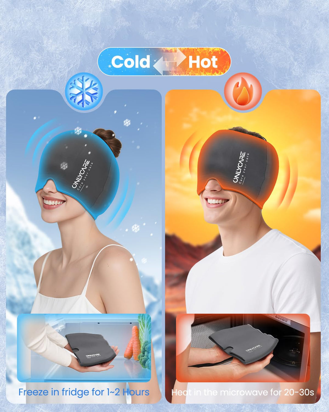 ONLYCARE Mütze Migräne Relief Cap, Headache Relief Hat Kühlmaske Kühlmütze Kopfschmerzen Maske Kühlh