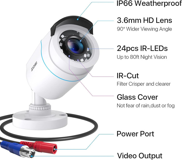 ZOSI 4 Stück 2MP 1080P Outdoor Video Überwachungskamera Set mit Netzteil und Videokabel, 1080P TVI H