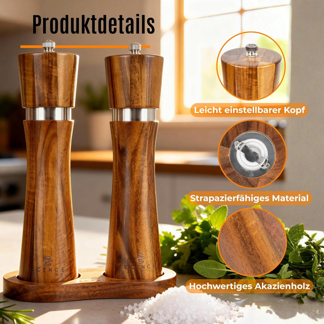ECENCE Salz und Pfeffermühle Holz 2er Set Pfeffer und Salzmühle aus Akazienholz, Gewürzmühle mit Ker