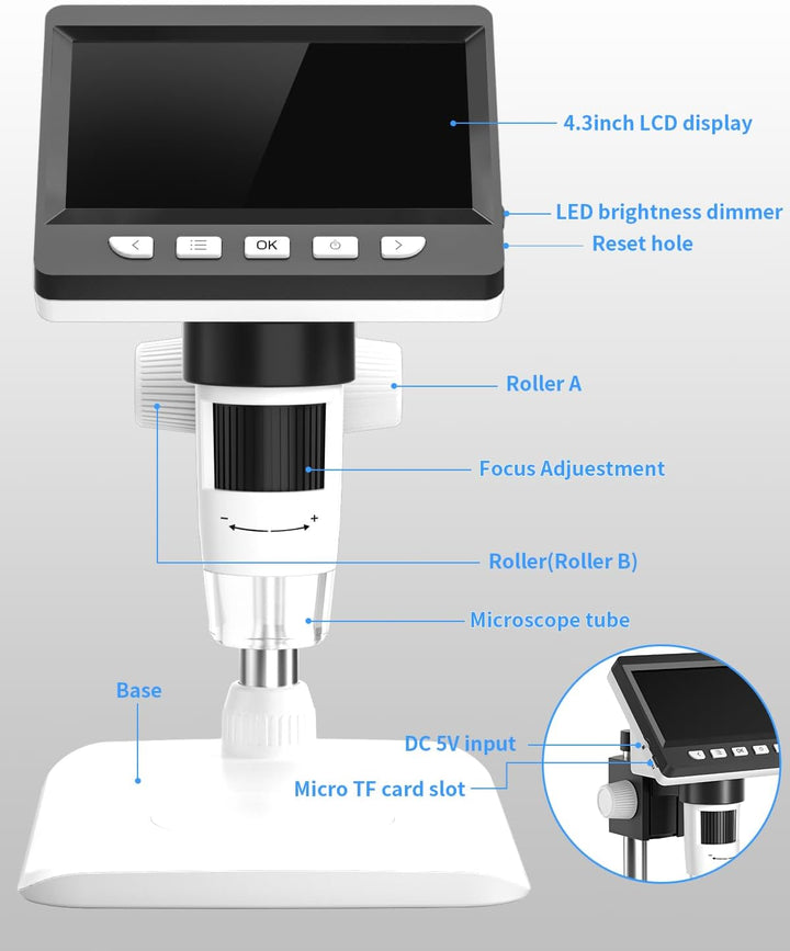 CIMELR Mikroskop, 4,3" Digitales Mikroskop, 50X-1000X Auflösung, USB Mikroskop mit 8 einstellbaren L