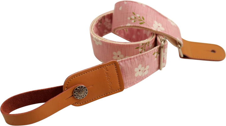 MUSIC FIRST Ukulelengurt, Vintage-Stil, "Pink Sakura", weiches Musselin und echtes Leder, Ukulelengu