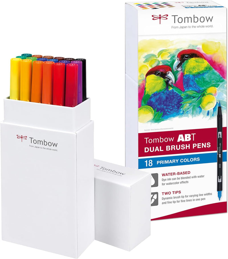 Tombow ABT-18P-1 Fasermaler Dual Brush Pen mit zwei Spitzen 18er Set, primärfarben