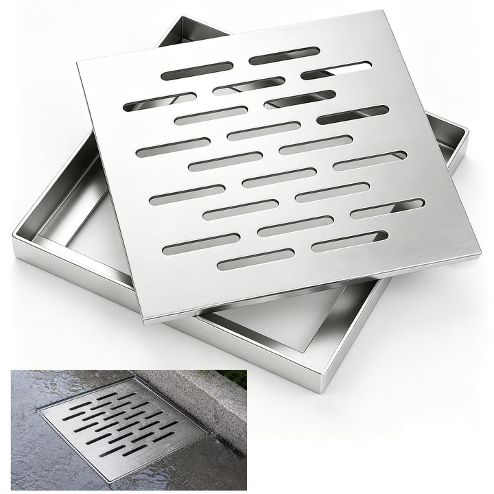 Edelstahl Bodenablauf mit Rahmen, 150x150x20MM Abflussgitter Quadratisch, Bodenablaufabdeckung rutsc