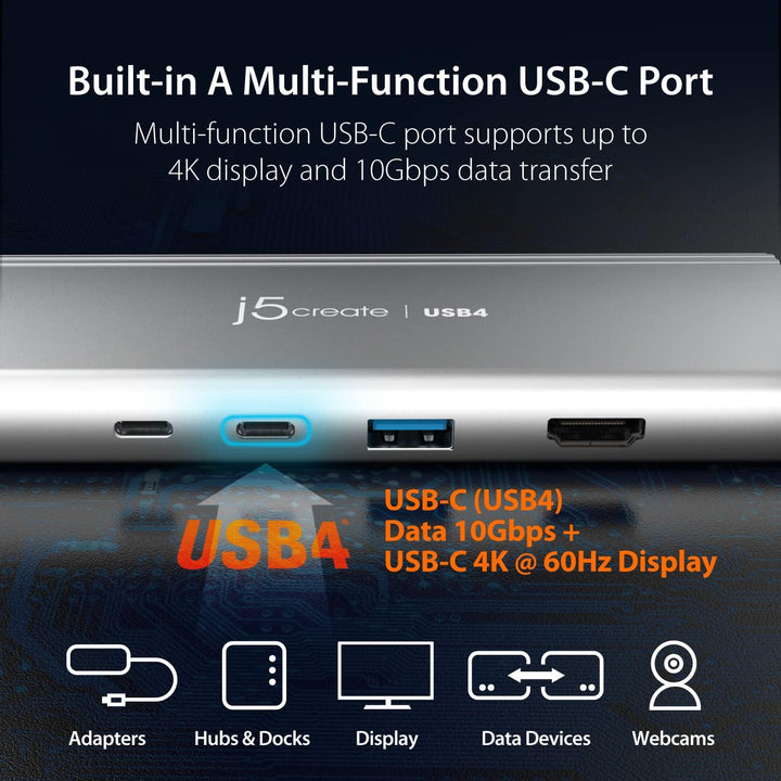 j5create USB4 Multi-Port Hub-5 in 1 USB4 Hub mit PD 85W/Dual 4K Display/DisplayPort 1.4/USB-A/USB-C