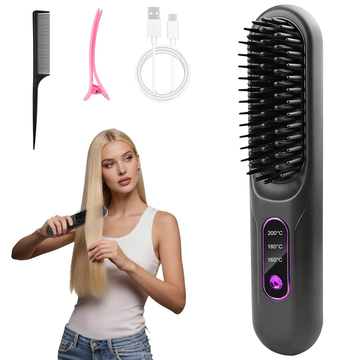 Stylingbürste für Kurze Haare, Haarbürste Elektrisch für Langes Haare, Glättbürste Kabellos mit 3 Wä