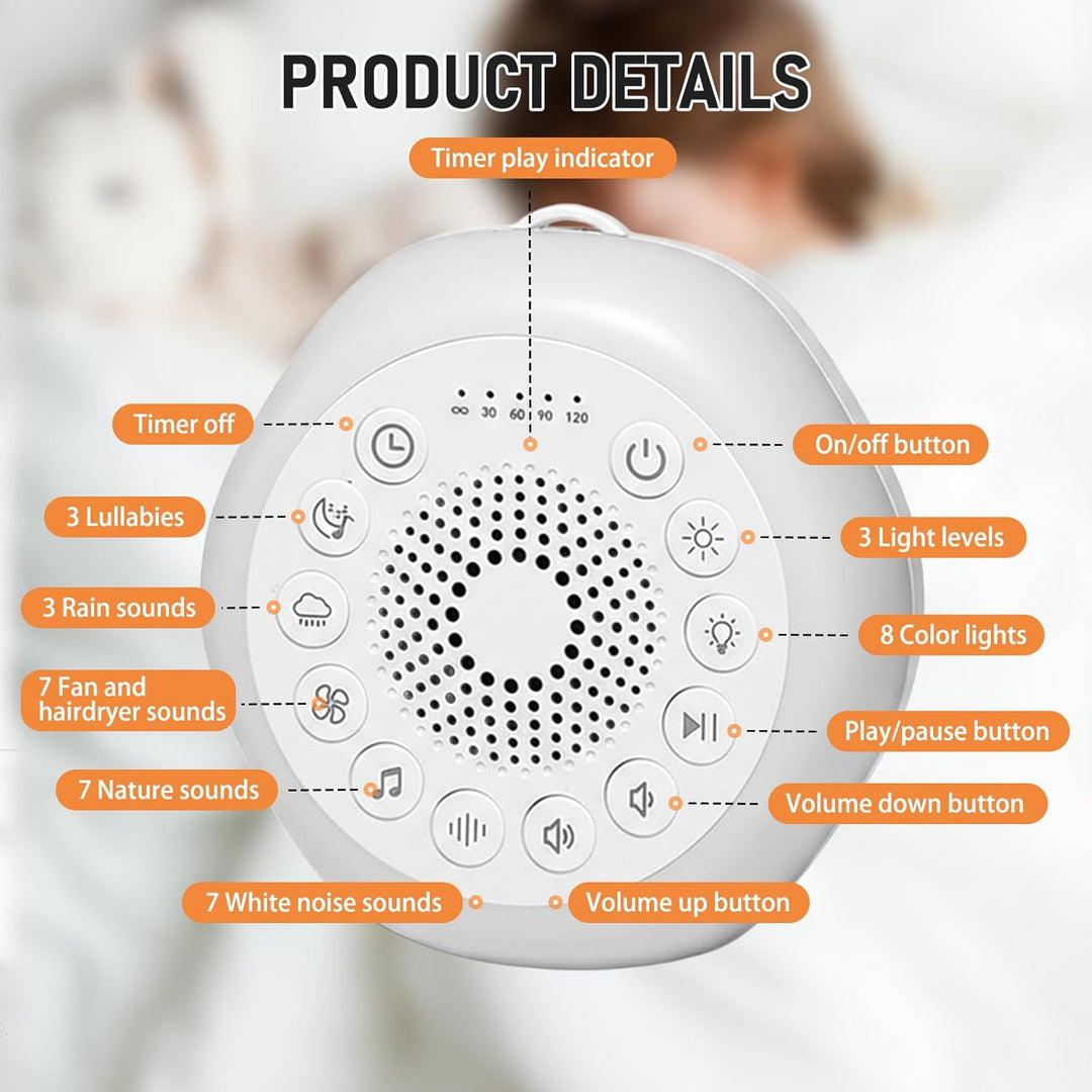 White Noise Machine für Babys, Geräuschmaschine mit 27 Beruhigenden Geräuschen, Nachtlicht und Timer