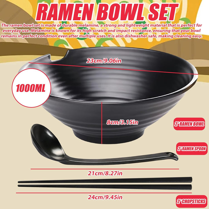 2er Ramen Bowl Set mit Stäbchen und Löffel - 1000ml Japanisches Geschirr für Suppe, Pho und Sushi -
