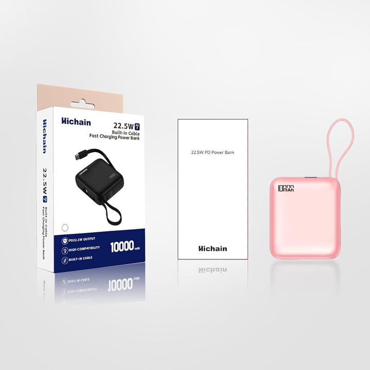 Hichain Power Bank Klein, 10000mAh 22,5W Powerbank USB C Schnellladen mit Integriertem USB-C Kabel,