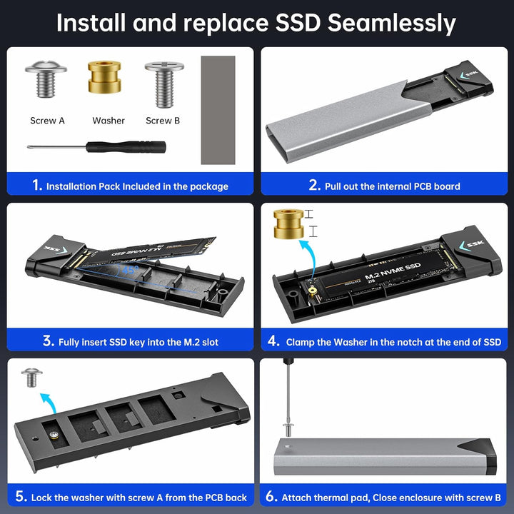SSK Aluminium M.2 NVME SATA SSD Gehäuseadapter, USB 3.2 Gen 2 (10 Gbit/s) auf PCI-E NGFF M-Key/(B+M)