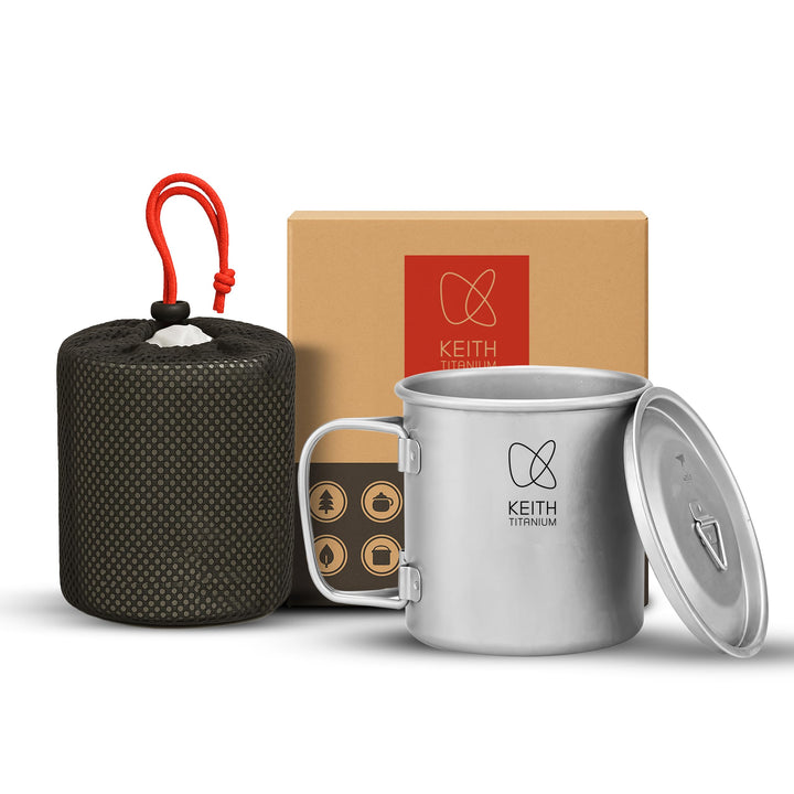 Keith Titanium Einwandiger Titanbecher, Tragbarer Kaffeebecher mit Deckel & klappbarem Henkel, Trink