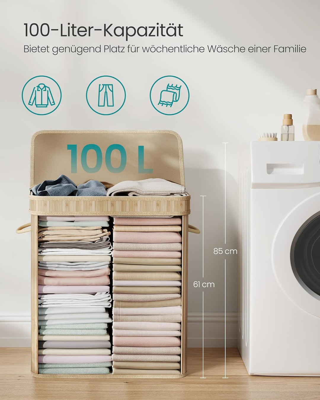 SONGMICS Wäschekorb mit Deckel, Wäschesammler Bambus, Wäschesack herausnehmbar und maschinenwaschbar
