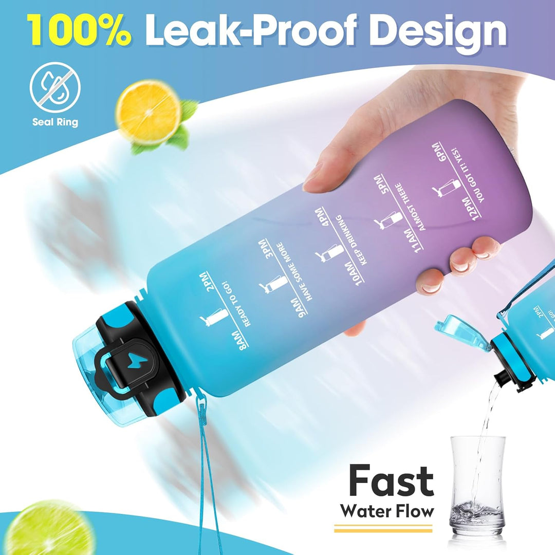 Trinkflasche 500ml/1L, Trinkflasche mit Zeitmarkierung und Filter, Auslaufsicher Wasserflasche Kohle