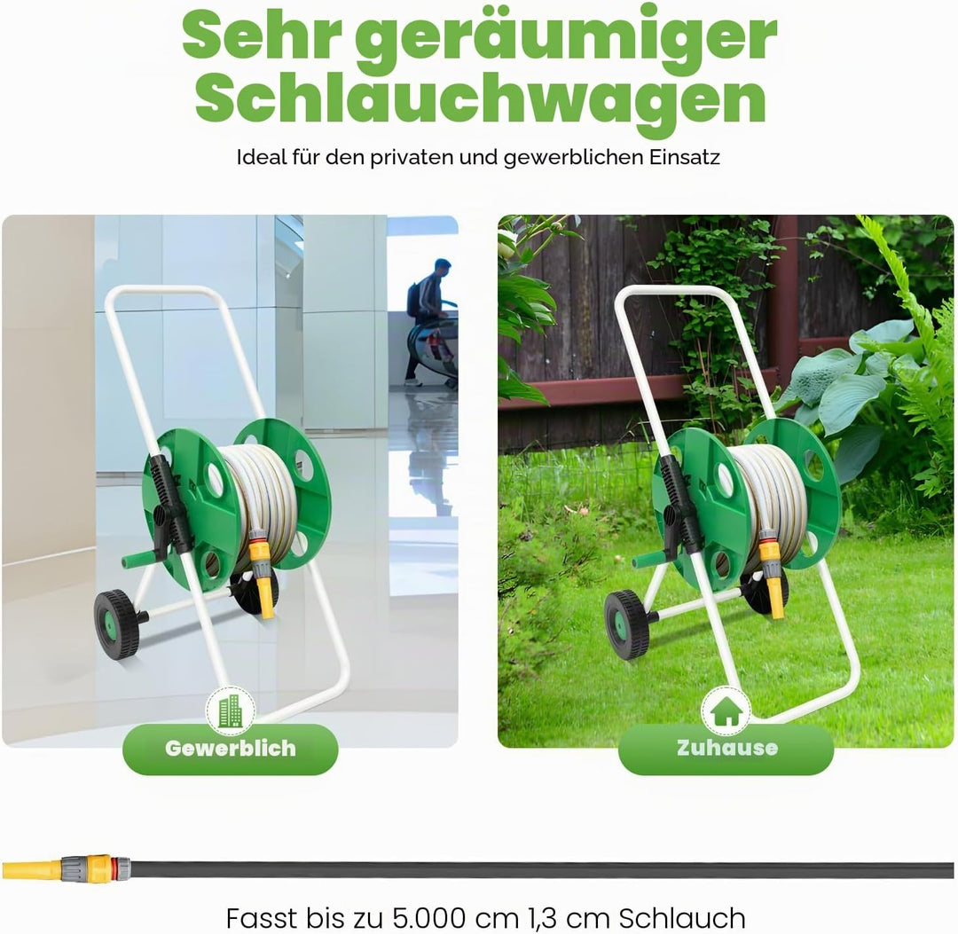 1/2 Zoll Schlauchwagen bis zu 50m, Gartenschlauch mit 2 Räder, Handwippe, Wasserschlauch für Garten