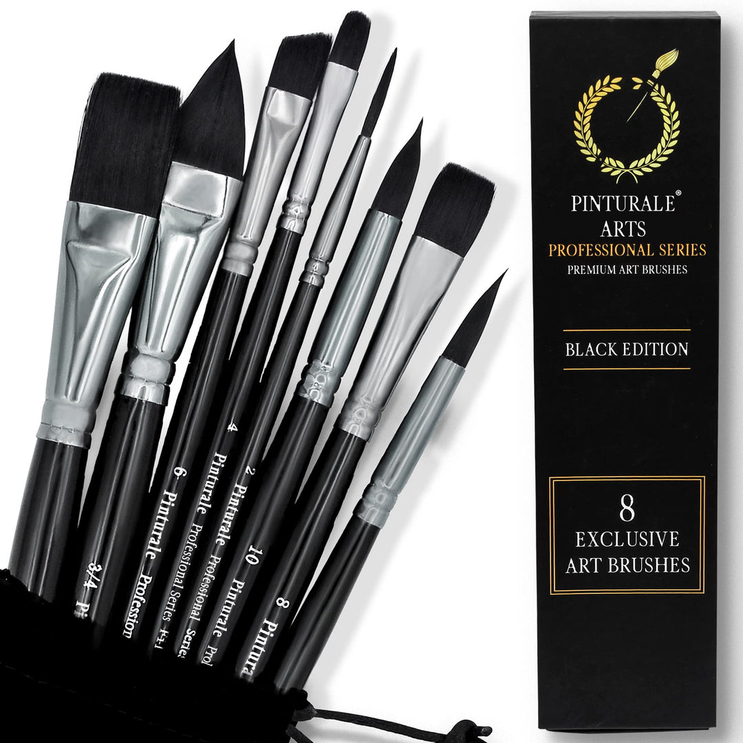 Pinturale Aquarellpinsel Set für Profis | Black Series | 8er Aquarell Pinselset | Hohe Absorption un