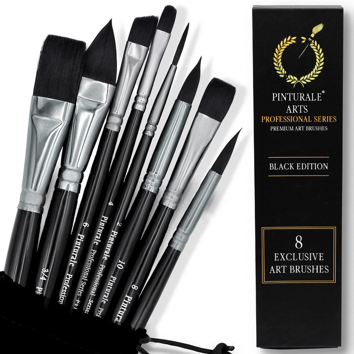 Pinturale Aquarellpinsel Set für Profis | Black Series | 8er Aquarell Pinselset | Hohe Absorption un
