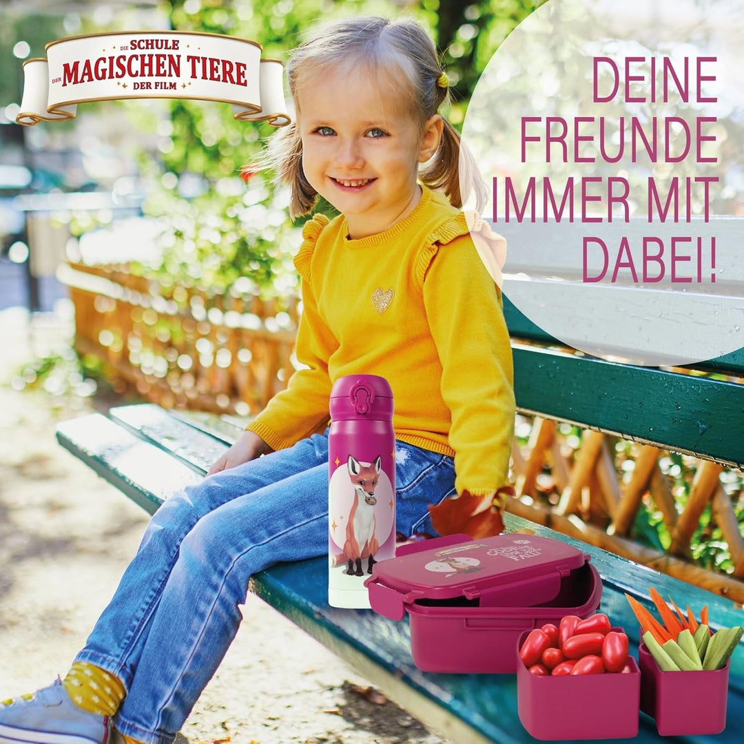 AWAVE Die Schule der Magischen Tiere Brotdose Kinder mit Fächern rPET Beerenrot Rabbat Snackbox 1 L