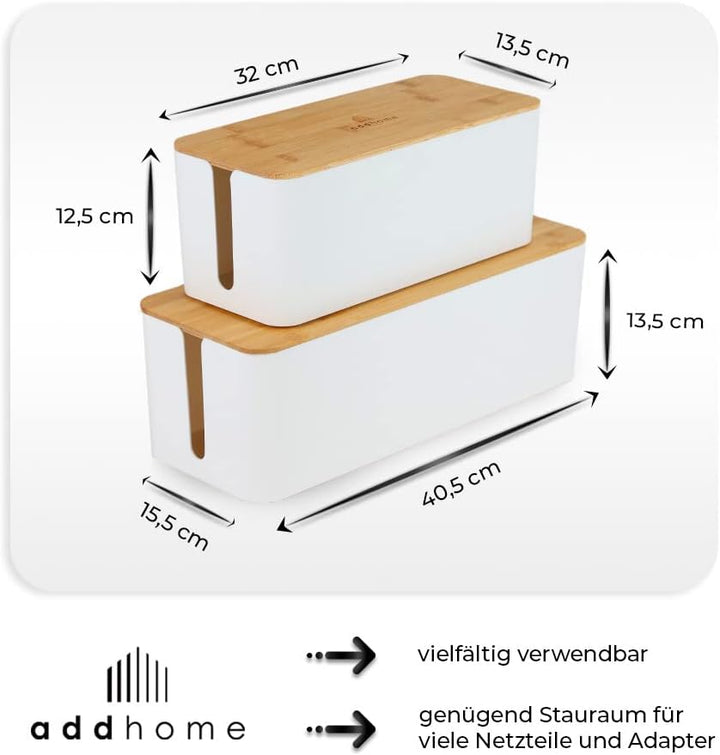 addhome Kabelbox 2er Set | Kabelchaos ordnen mit Stil | Weisser ABS-Kunststoff und Bambusdeckel | pa