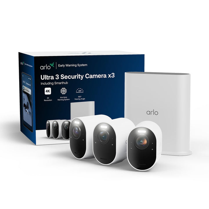 Arlo Ultra 3 Überwachungskamera Aussen WLAN, Kabellos, 4K UHD, KI-Erkennung, Auto-Tracking, Farb-Nac