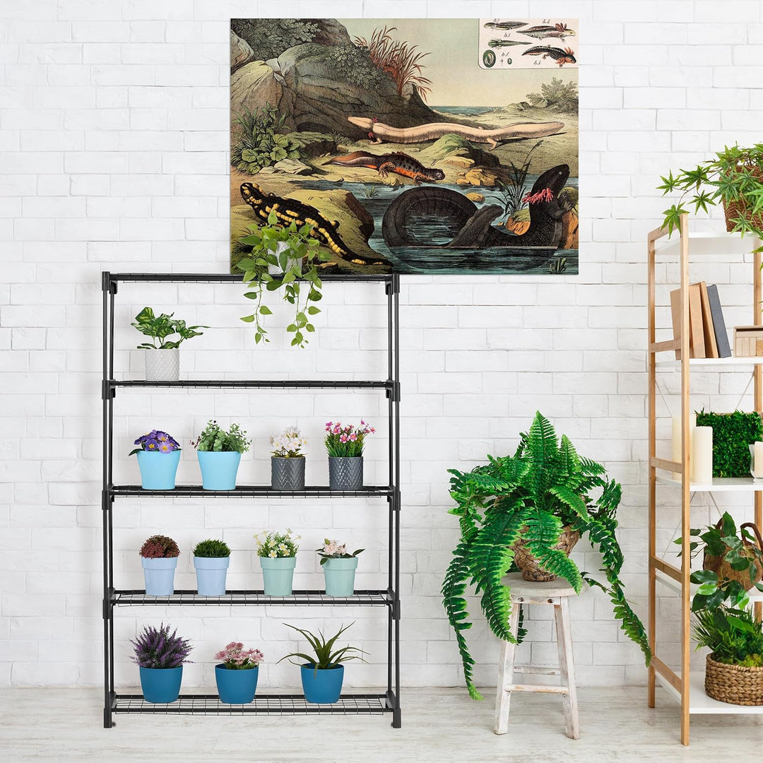 Relaxdays Blumenregal, 5 Ablagen, Blumen- & Pflanzentöpfe, Metall & Kunststoff, HBT: 140x91x28 cm, K